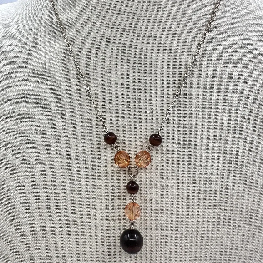 Vintage Y2K Silver Tone‎ Beaded Y-Drop Necklace Boho Statement Women's Jewelry